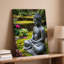 Toile, statue de Bouddha sereine posée dans une pose méditative sur un mur, galets noirs lisses entourés de mousse verte vibrante et art mural sur toile colorée-1231582637
