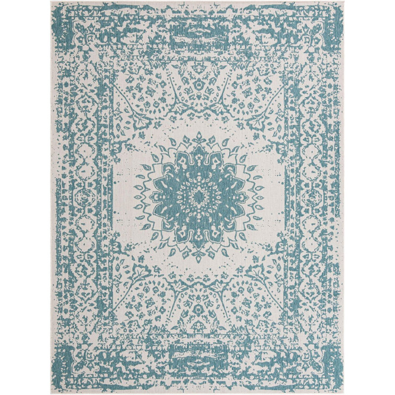 Tapis contemporain Hintz de couleur turquoise, Rectangle 9 pi x 12 pi