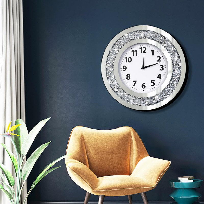 Horloge murale en cristal 16 po x 16 po x 2 po pour décoration murale miroir en verre argenté La pile AA n'est pas incluse.
