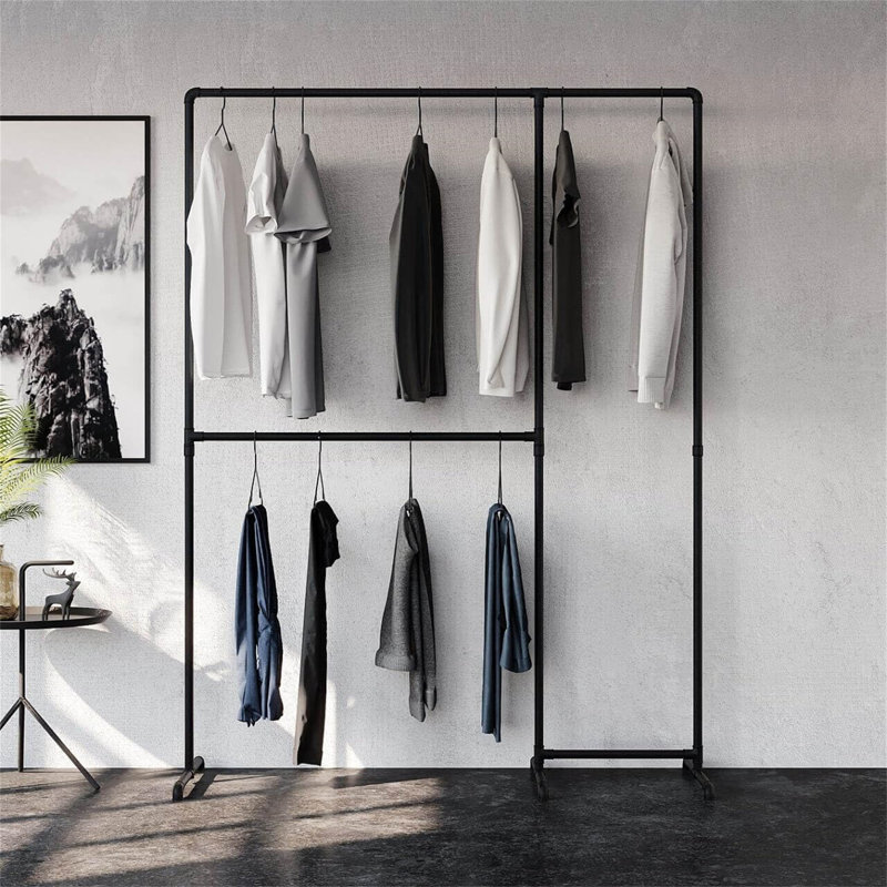 Black Industrial Double Rail Clothes Rack with Steel Tubes