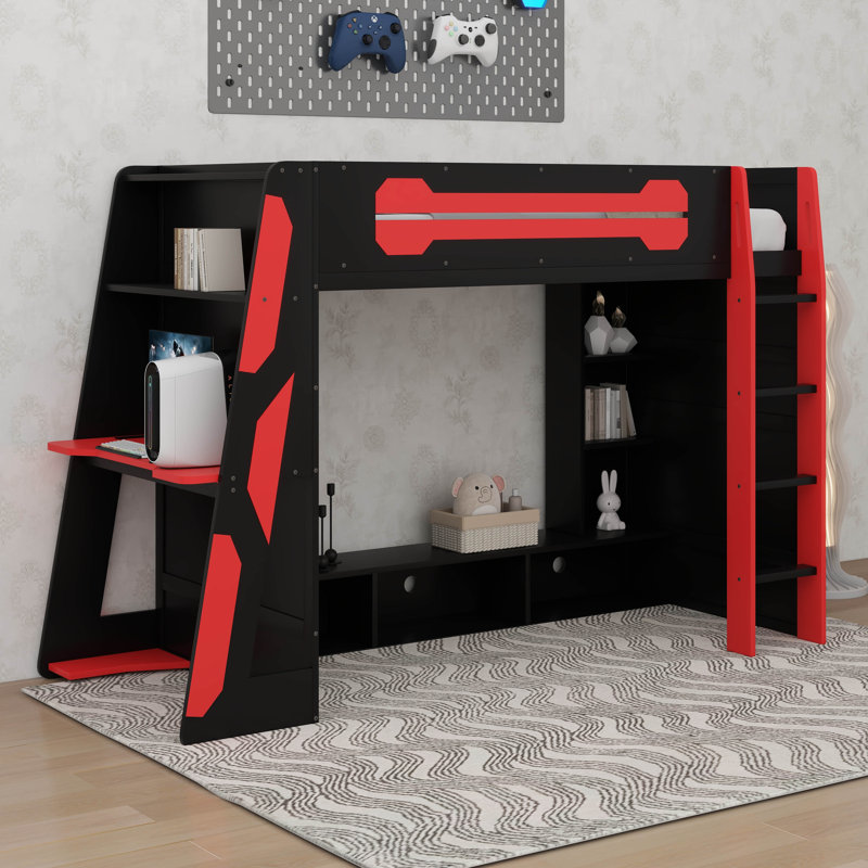 Lit mezzanine simple en bois avec bureau, tablettes multiples et lumière RVB, Rouge