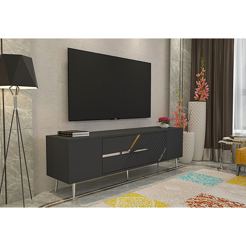 Catena Modern TV Stand, Anthracite & Silver, 59.1 x 19.0 x 11.6 inches | 100% Melamine Coated Particle Board, Wall-Mountable, Legs Height: 5.9 inches | Stylish Geometric Design for Living Room & Entertainment Spaces