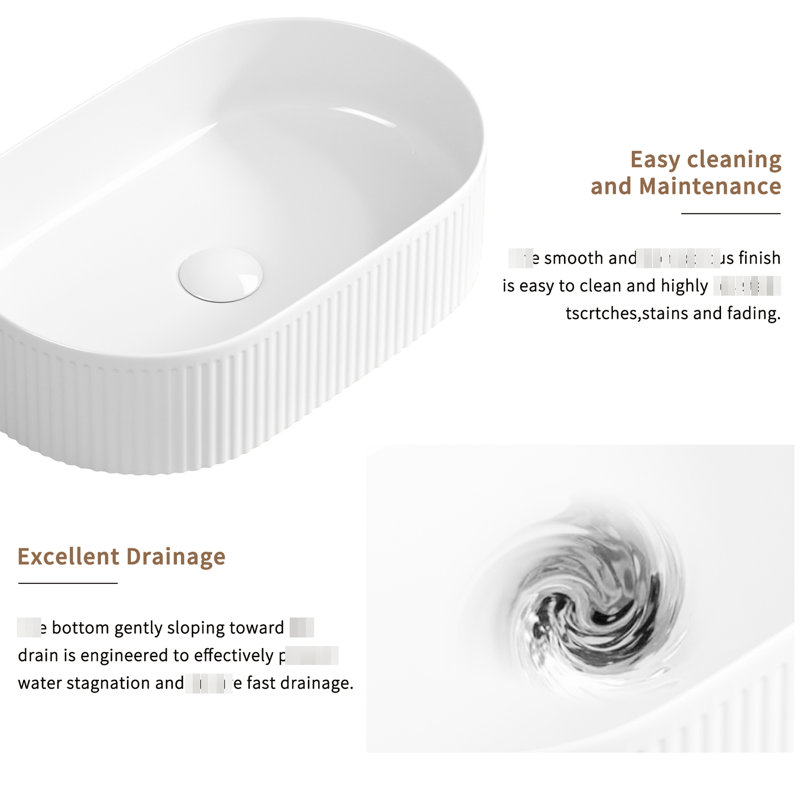 19 - 1/4″ Wide Oval Above Counter Vessel Sink, 12 3/8″ Deep, White Porcelain, Straight Line Texture And Strong Structure 19.66 In. Depth Countertop 12.39 Width, High Temperature Fired Non Absorbent
