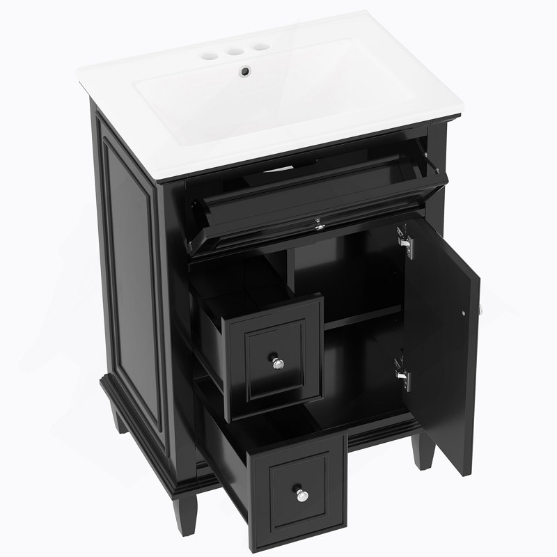 Bathroom Vanity With Sink, Bathroom Vanity Cabinet With Adjustable Shelf, One Flip Drawer And Two Drawers, Black