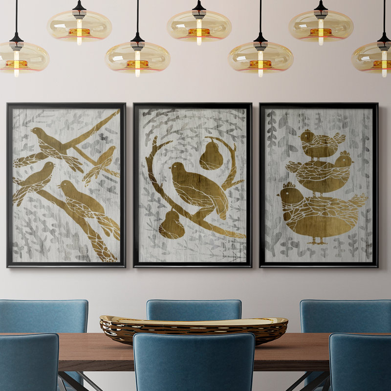 Quatre oiseaux qui chantent - Feuille d'or - Toile sur toile tendue avec châssis encadré - 3 pièces, H 30 po x l 63 po
