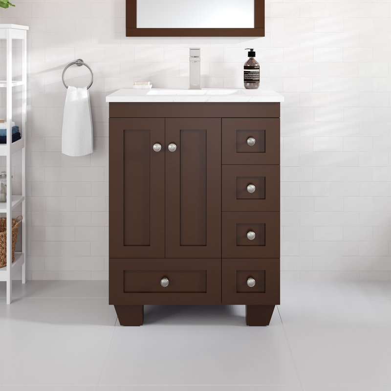24 po Yena Meuble-lavabo simple avec comptoir en quartz de Carrare et lavabo encastré en porcelaine, Brun