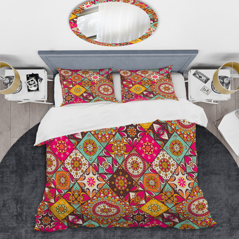 Patchwork floral rose - ensemble de housse de couette abstrait - microfibre de polyester