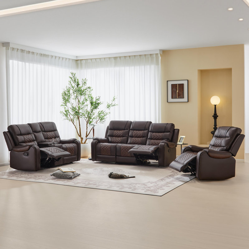 3-Piece Breathable Faux Leather Manual Recliner Living Room Set with Rocking Chair, Storage Console and Cup Holders