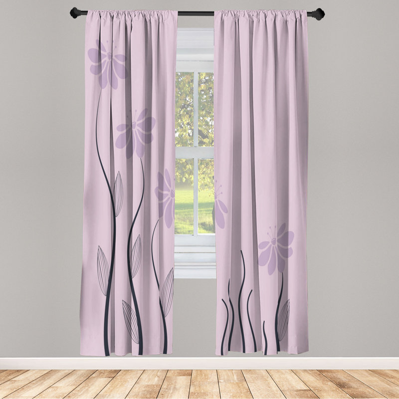 Microfiber Floral Semi-Sheer Rod Pocket Curtain Panels, 28" W x 84" L, Purple/Black