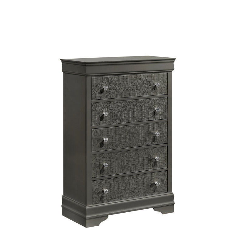 Commode 5 tiroirs de style moderne en bois gris métallique, Gris métallisé