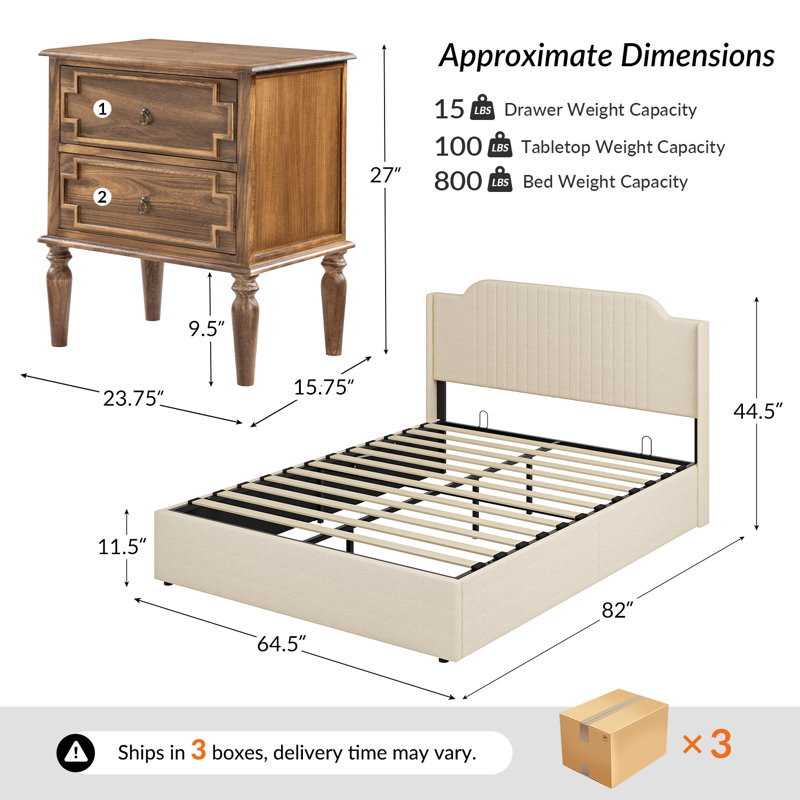 Timar 3-Piece Bedroom Sets Storage Bed And 2-Nightstands With Built-In Outlets, Linen