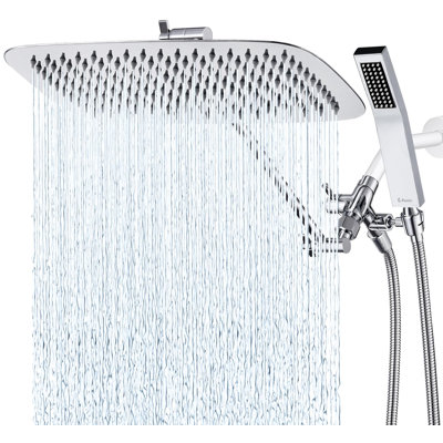16" Dual Square Shower Head Combo, Rain Shower Head, 3-Way Diverter, 71" Extra Long Hose