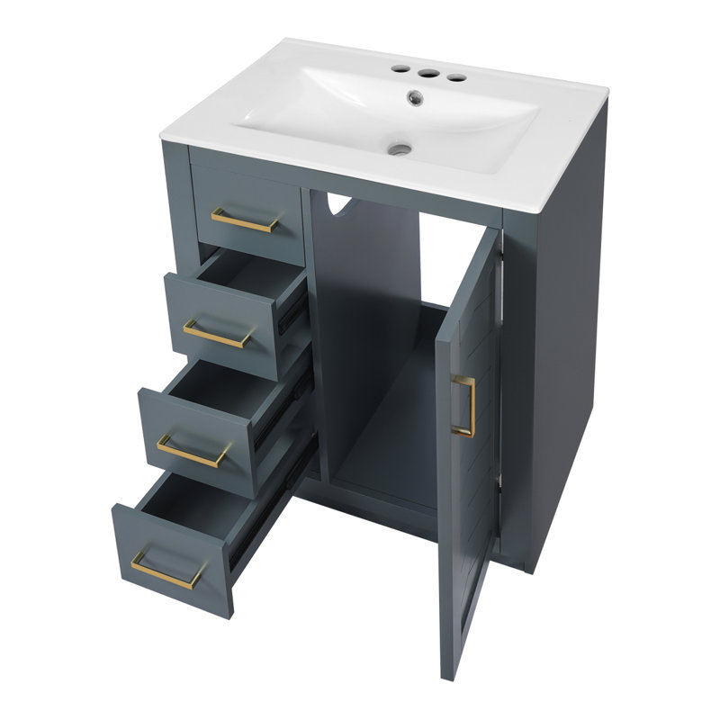 Meuble-lavabo 24 po avec lavabo en céramique intégré, 1 porte, 3 tiroirs, meuble-lavabo simple pour petite et moyenne salle de bain, bleu