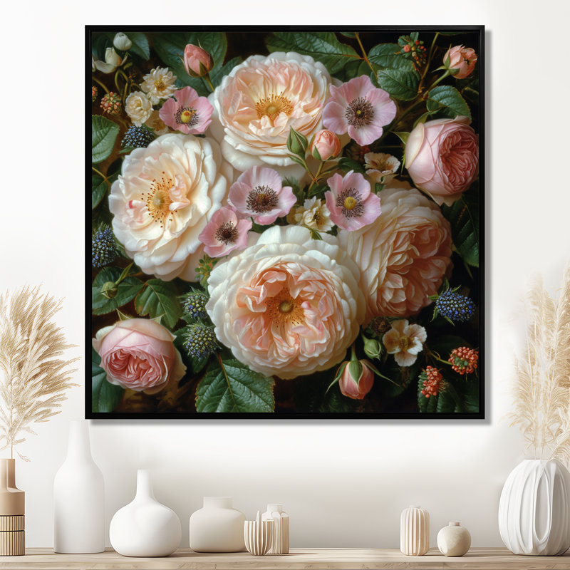 Blooming, rose, blanc, chrysanthèmes, Toile avec cadre flottant noir, H 16 po x l 16 po x P 1 po
