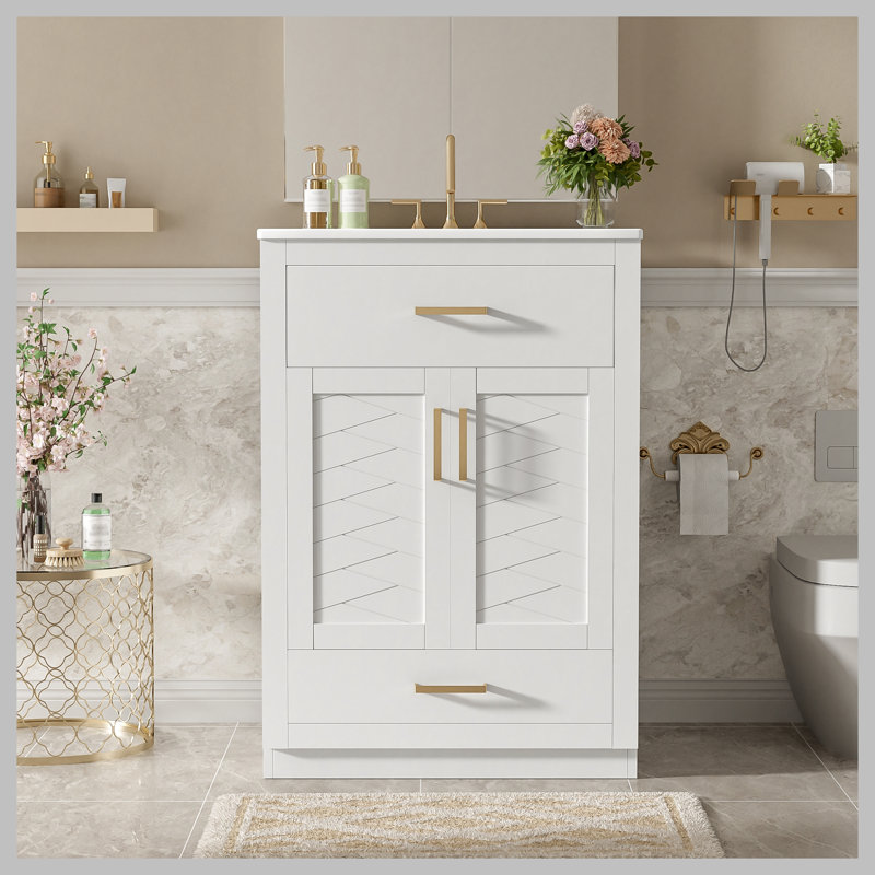Meuble-lavabo 24 po avec lavabo en céramique intégré, armoire de salle de bain avec 2 portes, 1 tiroir basculant, meuble-lavabo simple pour salle de bain de petite et moyenne taille, blanc