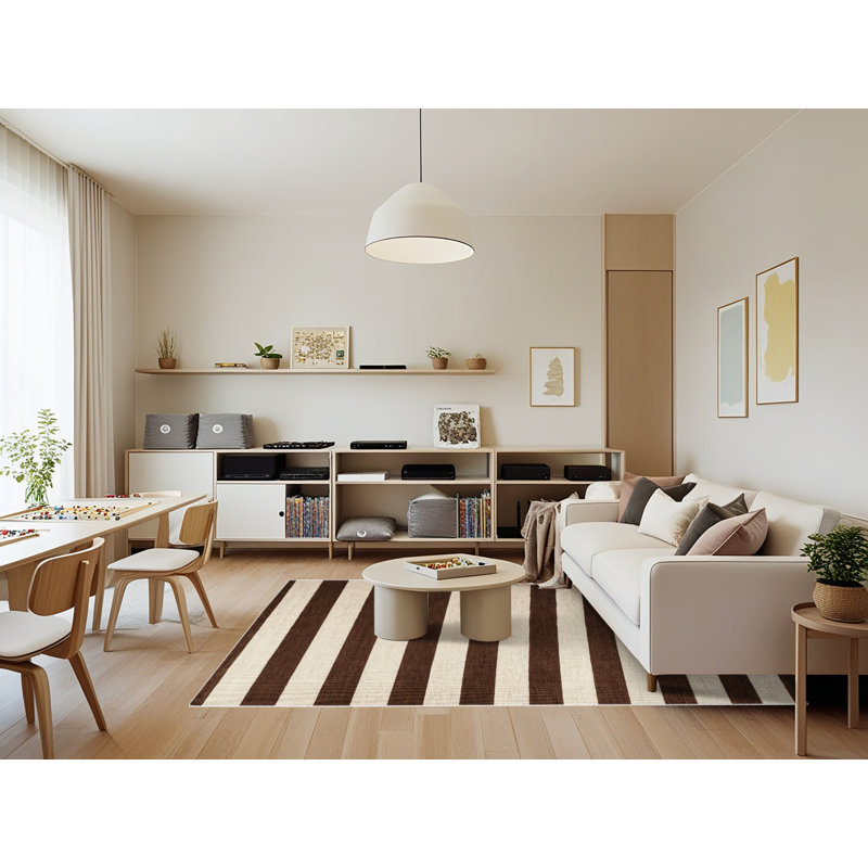 Tapis beige à rayures horizontales lavable à la machine, Rectangle 7 pi x 9 pi