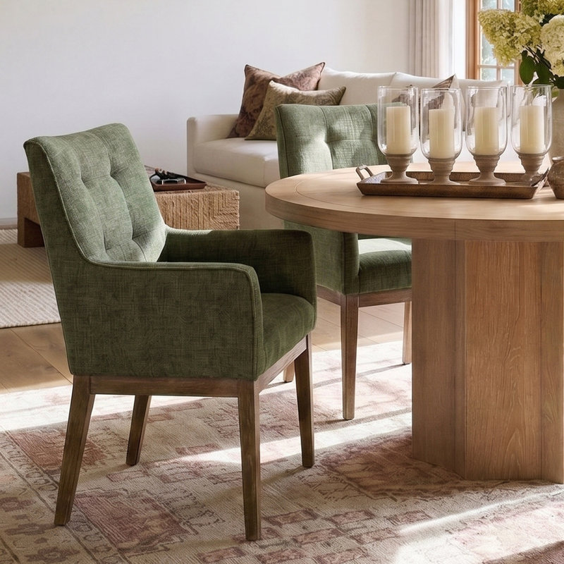 19.5" Seat Height Tweed Upholstered Fabric Dining Armchair, Green