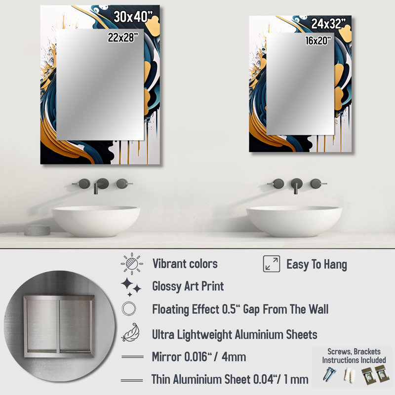 Blue And Gold Modern Art Abstract Painting V - Abstract Decorative Wall Mirror, Modern Mirror, Printed Metal Art, 40" x 30"
