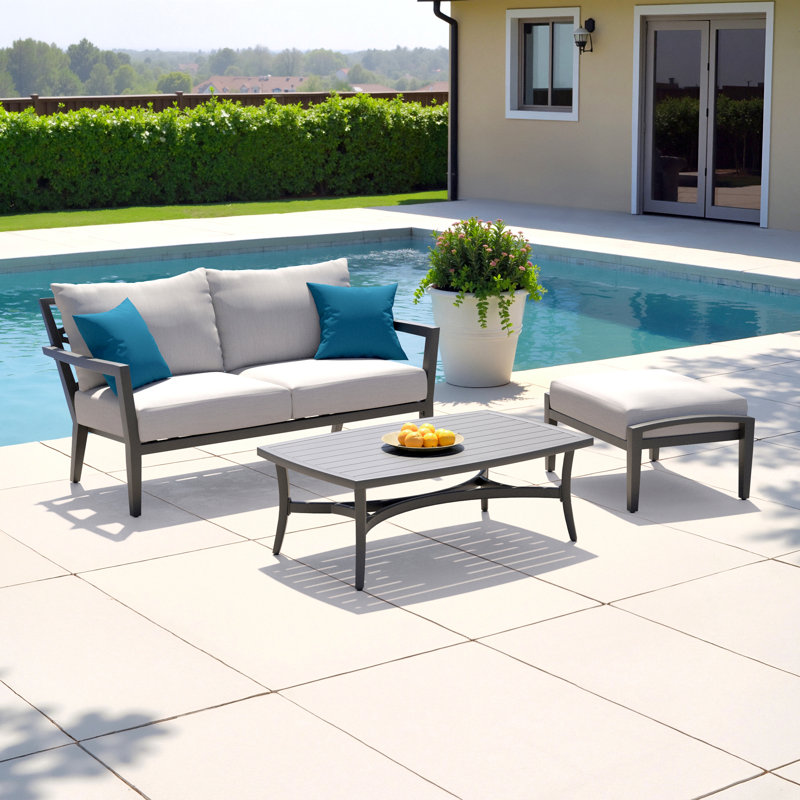 Venetia 3 Piece Sunbrella Outdoor Patio Love Seat, Coffee Table, & Ottoman Set - Gray, 1