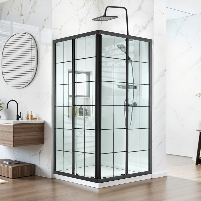 Cabine de douche, 89 cm P x 89 cm L x 183 cm H, porte de douche d'angle coulissante double avec cadre en verre trempé transparent de 6 mm, ensemble de salle de bain avec cadre noir mat et poignée en alliage d'aluminium