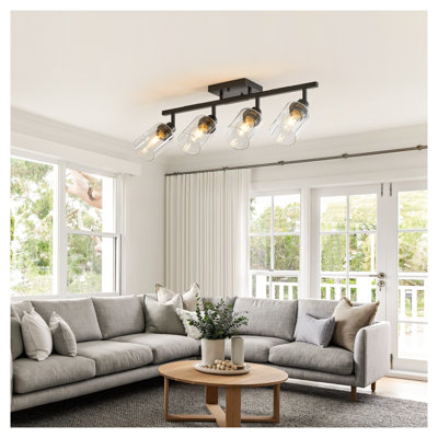 4-Light Black Track Lighting Fixture with Clear Glass Shades, Modern Semi-Flush Mount Ceiling Light with Rotatable Heads for Kitchen, Hallway, and Bedroom