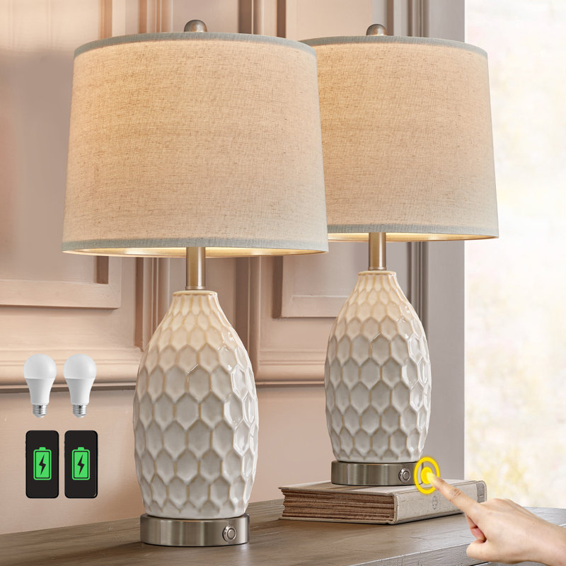Intissar 3-Way Dimmable Ceramic Bedside Lamp with USB Port for Desk, Office
