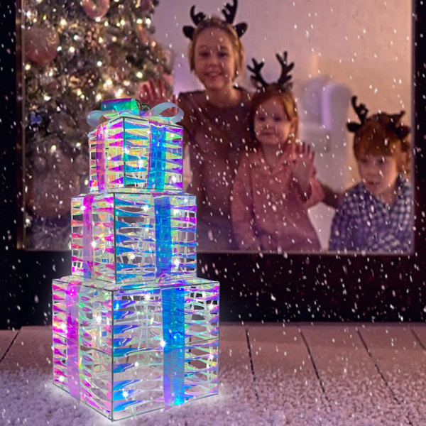 COVFEVER Christmas Lighted Iridescent Gift Boxes, Pre-lit Lights Gift