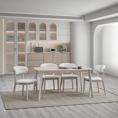  Ensemble de table de salle à manger 5 pièces en bois avec chaises rembourrées, blanc délavé