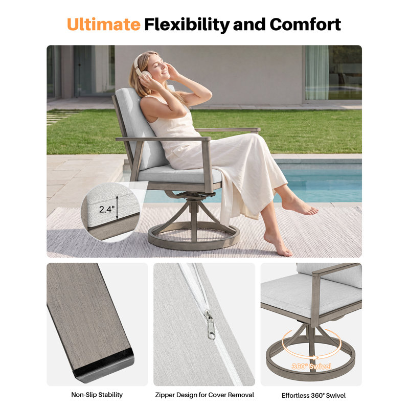 Ensemble de salle à manger d'extérieur, ensemble de salle à manger pivotant en aluminium avec trou pour parasol, ensemble de mobilier d'extérieur pivotant à 360 °, chaises et table pivotantes pour terrasse, jardin, cour arrière, chêne chaulé