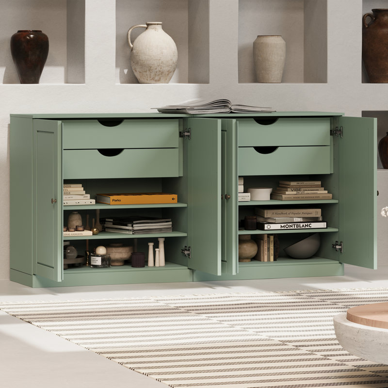 100% Solid Wood 64" Sideboard with Solid Doors, 4-Drawers and Adjustable Shelves, Sage