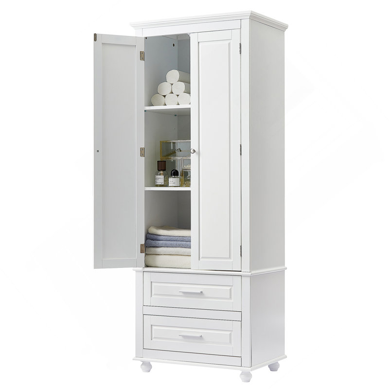 White Tall Storage Cabinet With Two Drawers For Bathroom Or Office | Gift Idea