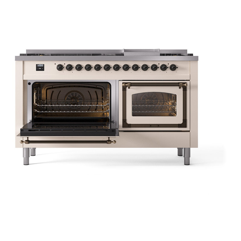 ILVE Nostalgie II Noblesse 60 in Dual Fuel Range, 9 Burner, Griddle, Liquid Propane, Antique White/Burnished