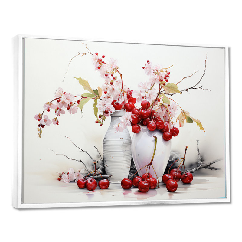 Cherry Simplicity - fruits, art mural, H 16 po x l 32 po x P 1 po, Cadre flottant blanc