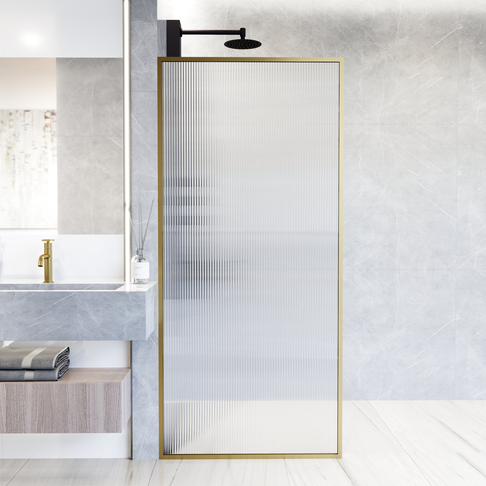 Meridian 34" W x 74" H Fixed Framed Shower Screen with 3/8" Glass, Matte Brushed Gold Fluted