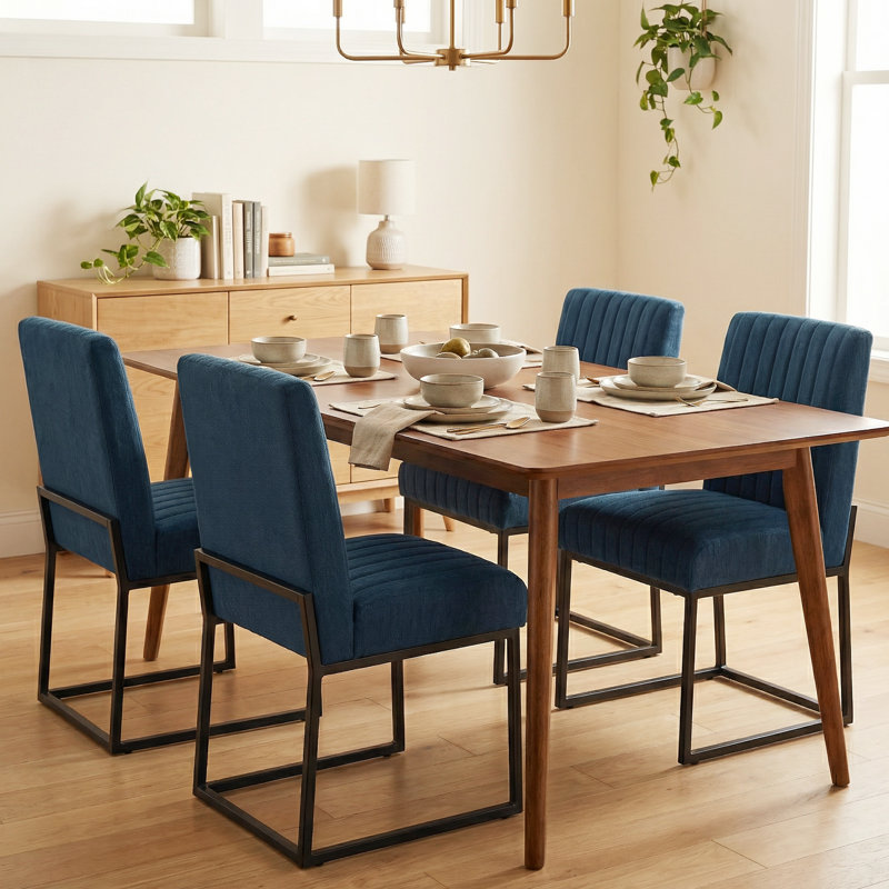  19.9'' H Striped Polyester Fabric Upholstered Dining Side Chairs (Set of 4), 4, Blue Quilted Polyester