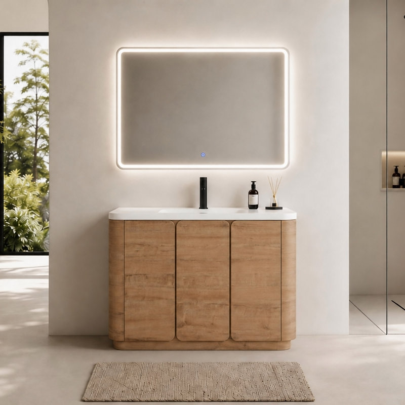 Meuble-lavabo autoportant 48 po avec lavabo en résine blanche, 3 portes à fermeture en douceur, contreplaqué, chêne imitation