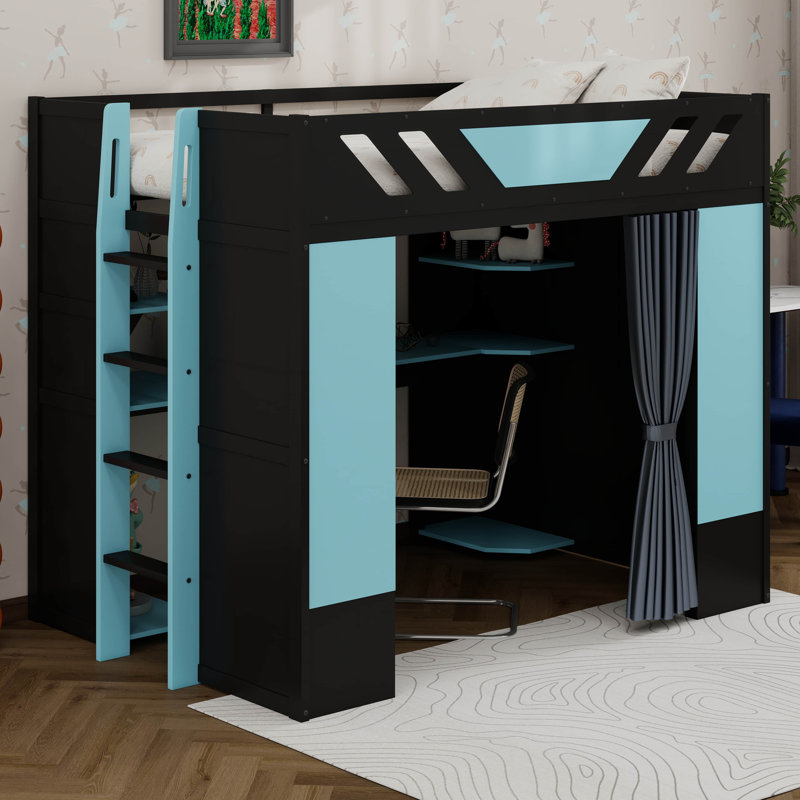Full Size Wood Loft Bed With Built-In Workstation, Smart Storage, RGB Lighting & Blackout Curtains, Black+Cloud Blue