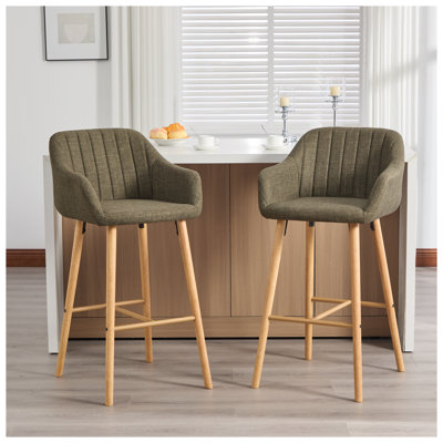 Modern Bar Stools Set of 2, Kitchen Island Tall Chairs with Back & Footrest, Linen Upholstered Counter Stools with Solid Wood Legs