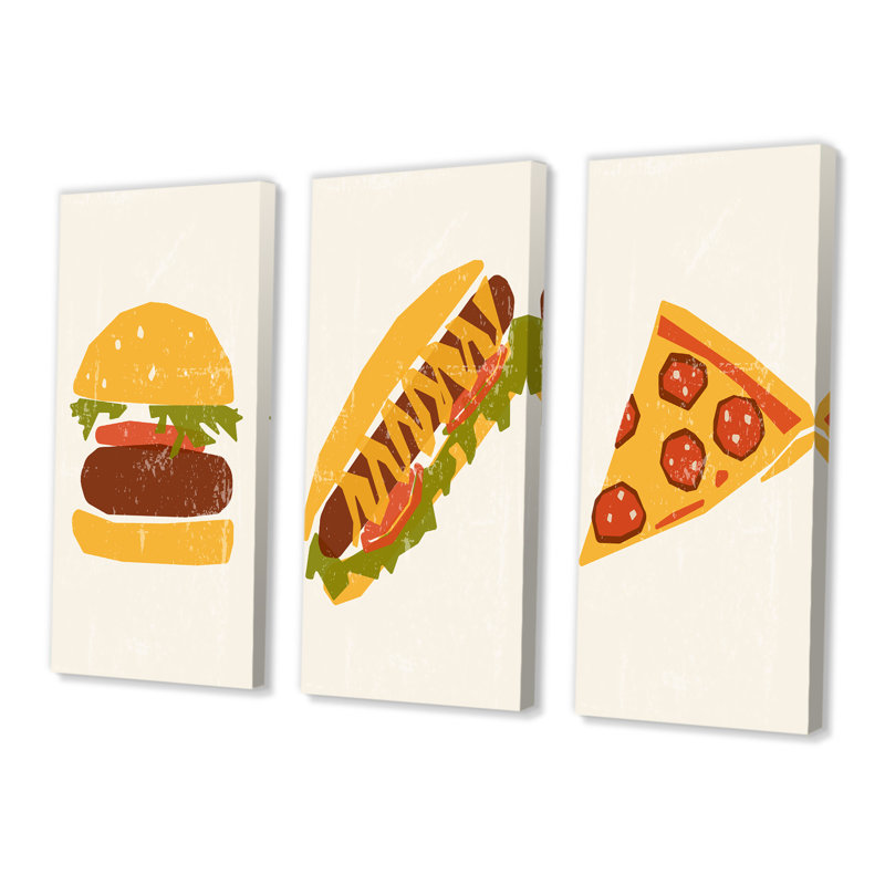 «Vintage Hipster Fast Food III», ensemble de 3 peintures sur toile tendue, H 28 po x l 36 po