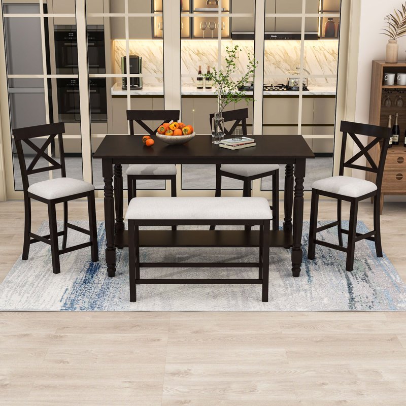 Daylani 6-Piece Dining Set, Counter-Height Dining Table with Storage and Upholstered Chairs and Bench, Espresso