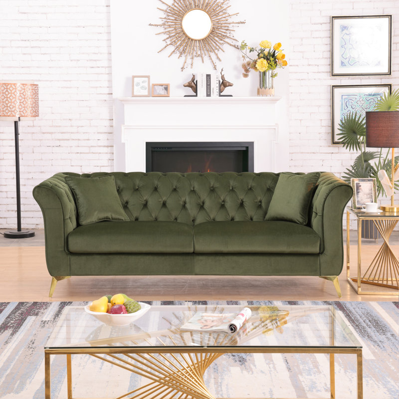 Ganyn 87" Velvet Rolled Arm Chesterfield Sofa, Green