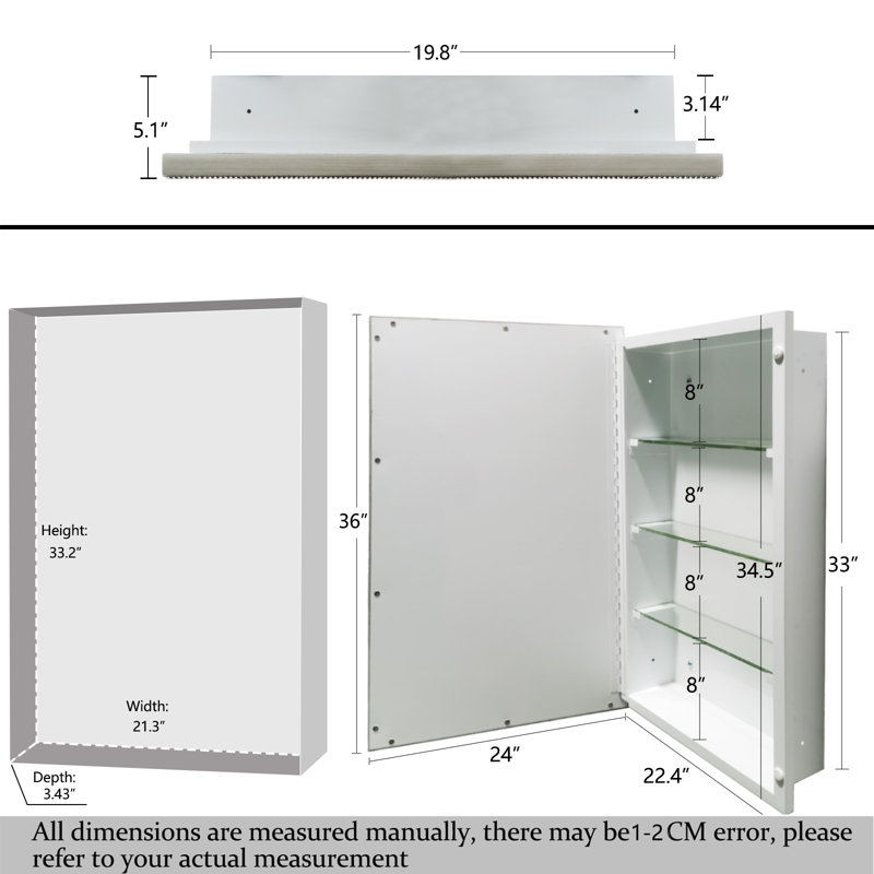 24"x 36" Retro Beaded Medicine Cabinet with Beveled Mirror&Wooden Frame, Recessed or Surface Mount, 36" H x 24" W x 5.1" D