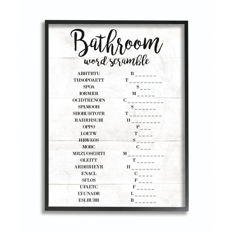 «Bathroom Word Scramble White and Black», impression, Giclée encadrée noir minuit, H 11 po x l 14 po x P 1,5 po