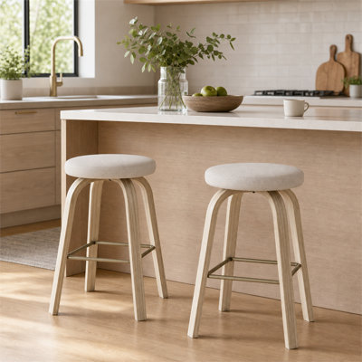 Ensemble de 2 tabourets de bar pivotants en tissu beige avec sièges rembourrés sans dossier, pieds en bois, repose-pieds en métal, tabourets de bar de style Mid-Century pour îlot de cuisine et bar personnel