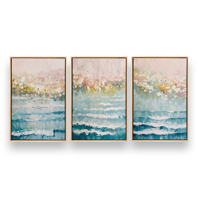 Ensemble de 3 impressions Seaside Sunrise Drift, 36 po x 24 po, Cadre américain en érable flottant