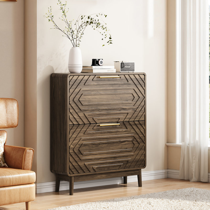 Armoire à chaussures autoportante en noyer de style moderne Mid-Century de 31,5 po pour le vestibule, 2 tiroirs à couvercle rabattable, rangement spacieux et vestibule en bois avec mélange, cloison amovible à deux couches, support ouvert