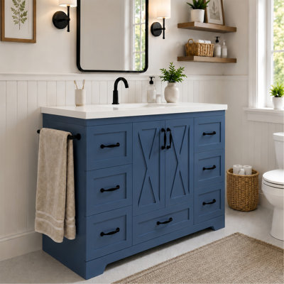 Meuble-lavabo de 48 po avec lavabo, armoire de salle de bain de ferme autoportante bleu marine avec comptoir en céramique, dosseret, 7 tiroirs de rangement, portes en X, tablettes réglables, rangement pour porte et barre à serviettes latérale