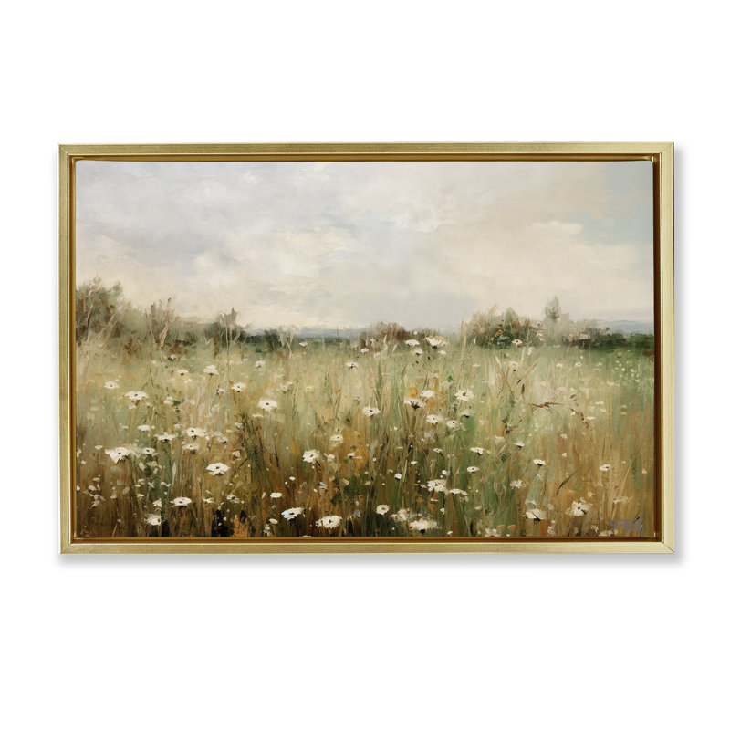 Toile flottante encadrée Country Daisy Field par Roozbeh Bahramali, Cadre flottant métallique doré, H 17 po x l 25 po