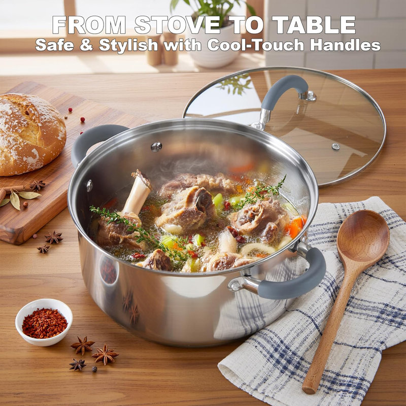 Marmite de 8 pintes en acier inoxydable avec couvercle Cook N Home Basics, marmite pour pâtes, soupe, poignée en silicone Stay-Cool, marmite avec chauffage uniforme, va au four, batterie de cuisine pour la mise en conserve, l'ébullition, le mijotage