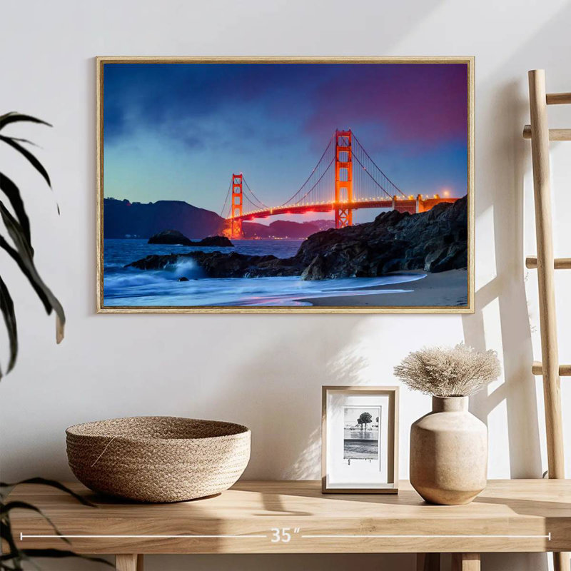 Baker Beach et le Golden Gate, 25 po x 17 po, Cadre flottant en bois naturel